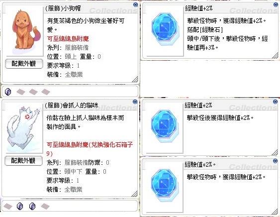 Ro 仙境傳說online道具 賣 服飾 小狗帽 頭上 會抓人的貓咪 頭中下 總經驗值 9 經驗套 8591寶物交易網