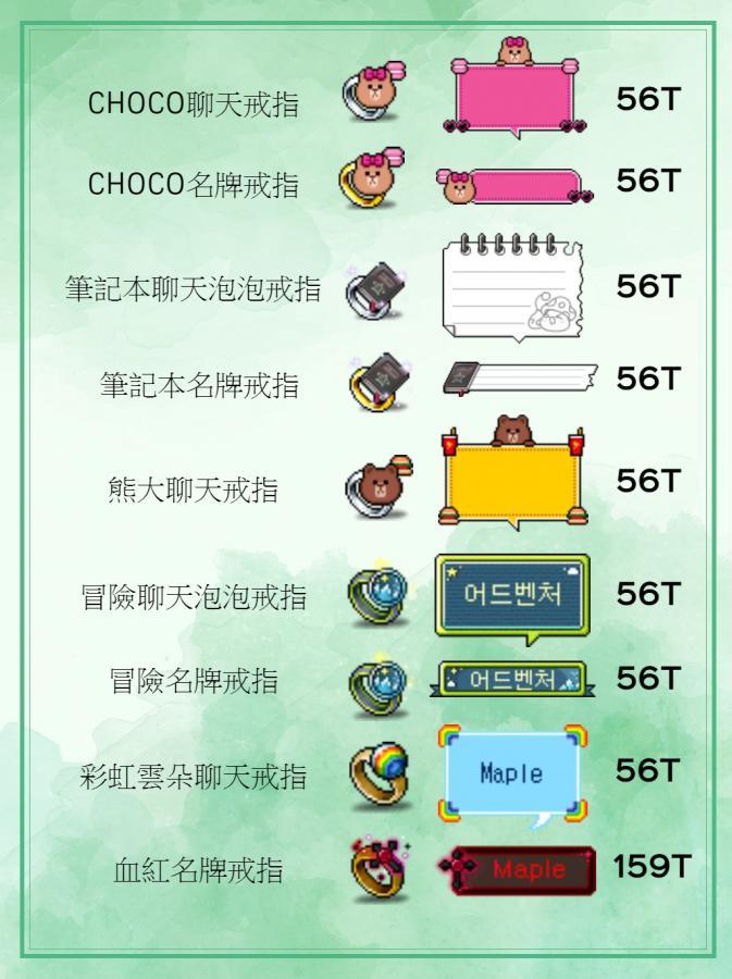 新楓之谷道具 血紅 冒險 筆記本 熊大 Choco 彩虹名牌聊天戒指 8591寶物交易網