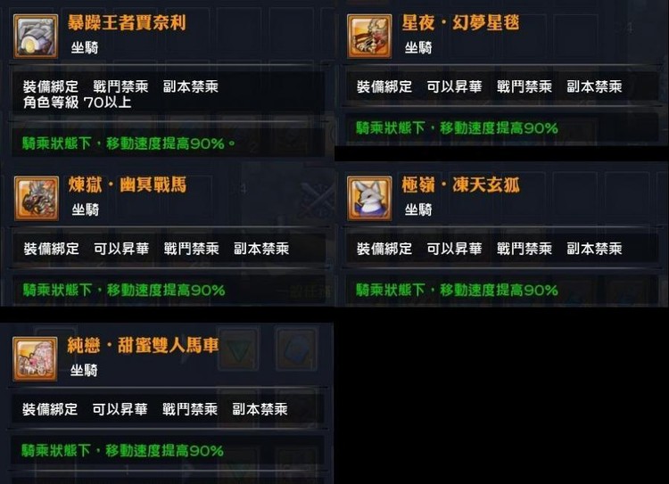 坐騎 背飾 武器 服時裝 面飾 頭飾 寶珠 時裝水 坐騎昇華石 幻想神域